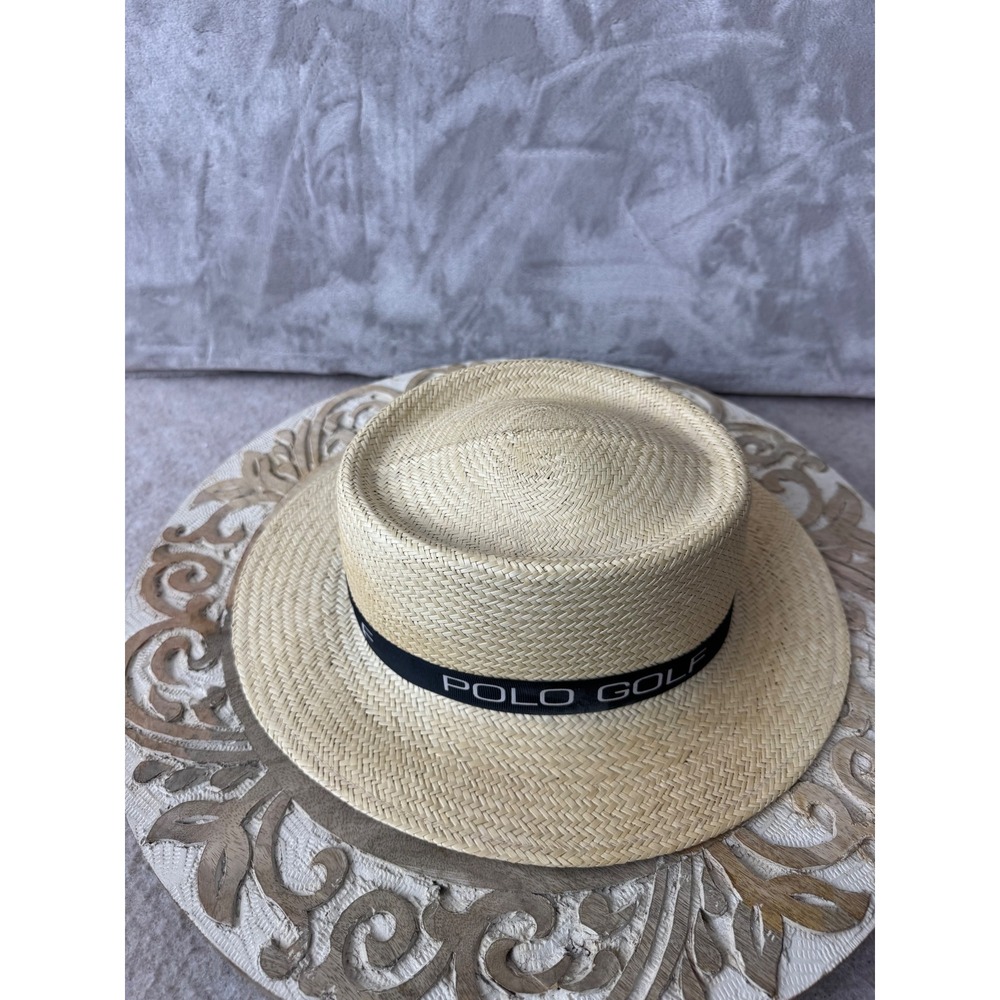 Polo Golf Ralph Lauren Straw Boater Hat Natural Beige Logo Band Made in USA OS